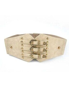 Cream & Gold Vintage Style 3-Buckle Cumberbund Belt - Elastic Back - Snap